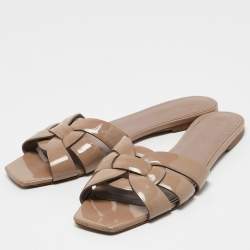 Pre Owned Saint Laurent Beige Patent Leather Tribute Flats Size 39.5