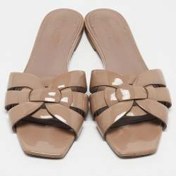 Pre Owned Saint Laurent Beige Patent Leather Tribute Flats Size 39.5