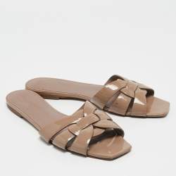 Pre Owned Saint Laurent Beige Patent Leather Tribute Flats Size 39.5