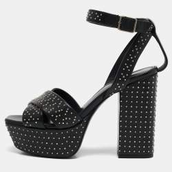 Saint Laurent Black Leather Studded Farrah Criss Cross Platform Sandals Size 36