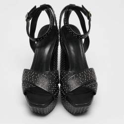 Saint Laurent Black Leather Studded Farrah Criss Cross Platform Sandals Size 36