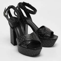 Saint Laurent Black Leather Studded Farrah Criss Cross Platform Sandals Size 36