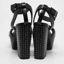 Saint Laurent Black Leather Studded Farrah Criss Cross Platform Sandals Size 36