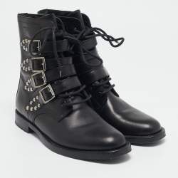 Saint Laurent Black Leather Studded Rangers Ankle Boots Size 40
