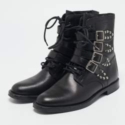 Saint Laurent Black Leather Studded Rangers Ankle Boots Size 40
