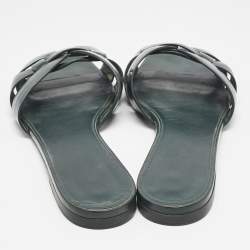 Saint Laurent Dark Green Patent Tribute Flat Slides Size 40.5