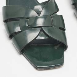 Saint Laurent Dark Green Patent Tribute Flat Slides Size 40.5