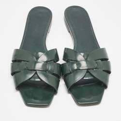 Saint Laurent Dark Green Patent Tribute Flat Slides Size 40.5
