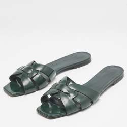 Saint Laurent Dark Green Patent Tribute Flat Slides Size 40.5