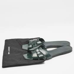 Saint Laurent Dark Green Patent Tribute Flat Slides Size 40.5