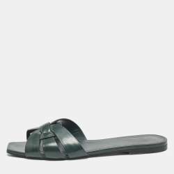 Saint Laurent Dark Green Patent Tribute Flat Slides Size 40.5