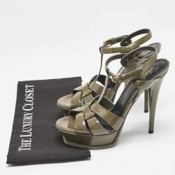 مملوكة مسبقًا Saint Laurent Olive Green Patent Leather Tribute Platform Sandals Size 38