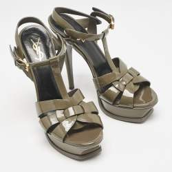 مملوكة مسبقًا Saint Laurent Olive Green Patent Leather Tribute Platform Sandals Size 38