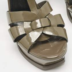 مملوكة مسبقًا Saint Laurent Olive Green Patent Leather Tribute Platform Sandals Size 38