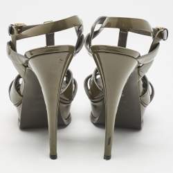 مملوكة مسبقًا Saint Laurent Olive Green Patent Leather Tribute Platform Sandals Size 38
