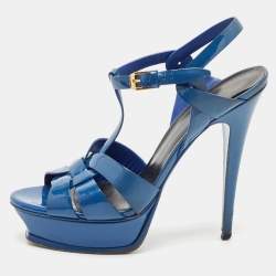 Saint Laurent Blue Patent Leather Tribute Platform Sandals Size 40 