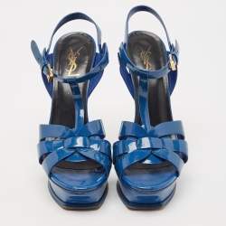 Saint Laurent Blue Patent Leather Tribute Platform Sandals Size 40 
