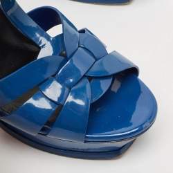 Saint Laurent Blue Patent Leather Tribute Platform Sandals Size 40 