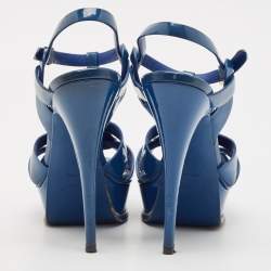 Saint Laurent Blue Patent Leather Tribute Platform Sandals Size 40 
