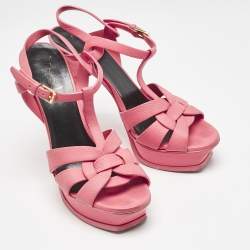 Pre Owned Saint Laurent Coral Pink Leather Tribute Sandals Size 39.5