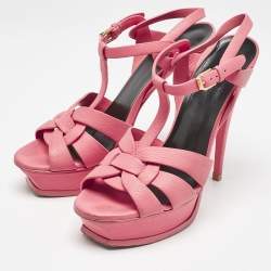 Pre Owned Saint Laurent Coral Pink Leather Tribute Sandals Size 39.5