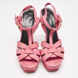 Pre Owned Saint Laurent Coral Pink Leather Tribute Sandals Size 39.5