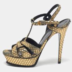 Saint Laurent Metallic Gold Python Embossed Leather Tribute Sandals Size 39.5