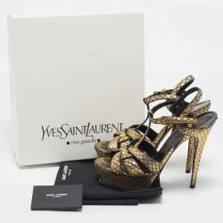 Saint Laurent Metallic Gold Python Embossed Leather Tribute Sandals Size 39.5