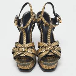 Saint Laurent Metallic Gold Python Embossed Leather Tribute Sandals Size 39.5