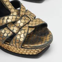 Saint Laurent Metallic Gold Python Embossed Leather Tribute Sandals Size 39.5