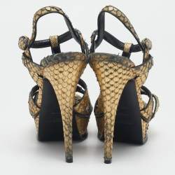 Saint Laurent Metallic Gold Python Embossed Leather Tribute Sandals Size 39.5