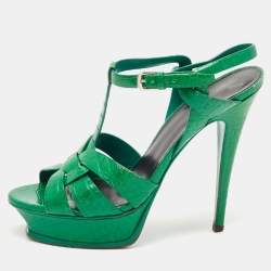 Saint Laurent Green Croc Embossed Leather Tribute Platform Sandals Size 39.5