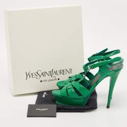Saint Laurent Green Croc Embossed Leather Tribute Platform Sandals Size 39.5