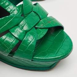 Saint Laurent Green Croc Embossed Leather Tribute Platform Sandals Size 39.5