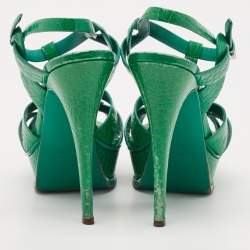 Saint Laurent Green Croc Embossed Leather Tribute Platform Sandals Size 39.5