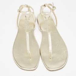 Pre Owned Saint Laurent Gold Leather Cassandra Thong Flat Sandals Size 39