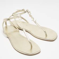 Pre Owned Saint Laurent Gold Leather Cassandra Thong Flat Sandals Size 39