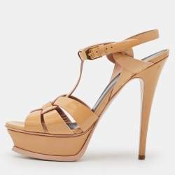 Saint Laurent Beige Patent Leather Tribute Platform Sandals Size 38