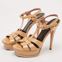 Saint Laurent Beige Patent Leather Tribute Platform Sandals Size 38