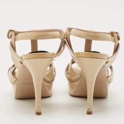 Saint Laurent Beige Patent Leather Tribute Platform Sandals Size 38