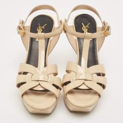 Saint Laurent Beige Patent Leather Tribute Platform Sandals Size 38