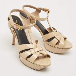 Saint Laurent Beige Patent Leather Tribute Platform Sandals Size 38