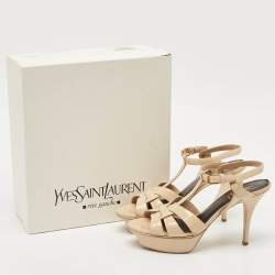 Saint Laurent Beige Patent Leather Tribute Platform Sandals Size 38