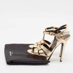 Pre Owned صندل سان لوران باريس تريبوتجلد سحلية بارز ذهبي ميتاليك مقاس 37