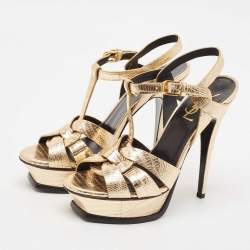 Pre Owned صندل سان لوران باريس تريبوتجلد سحلية بارز ذهبي ميتاليك مقاس 37