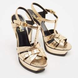 Pre Owned صندل سان لوران باريس تريبوتجلد سحلية بارز ذهبي ميتاليك مقاس 37