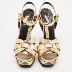 Pre Owned صندل سان لوران باريس تريبوتجلد سحلية بارز ذهبي ميتاليك مقاس 37