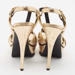 Pre Owned صندل سان لوران  باريس تريبوتجلد سحلية بارز ذهبي ميتاليك مقاس 37