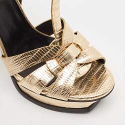 Pre Owned صندل سان لوران باريس تريبوتجلد سحلية بارز ذهبي ميتاليك مقاس 37