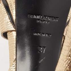 Pre Owned صندل سان لوران باريس تريبوتجلد سحلية بارز ذهبي ميتاليك مقاس 37